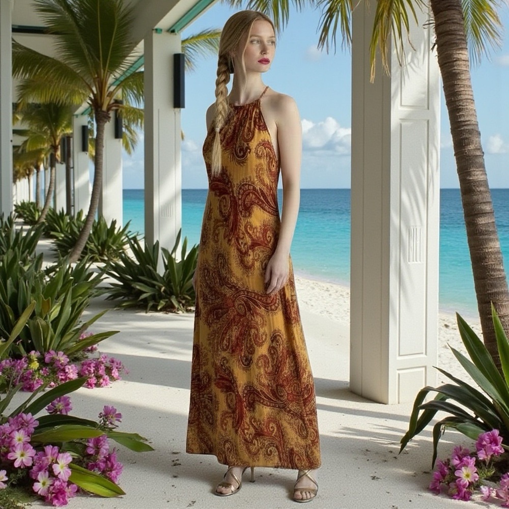 Silk  Halter Maxi Dress with beading on neckline - Picture 5 of 15